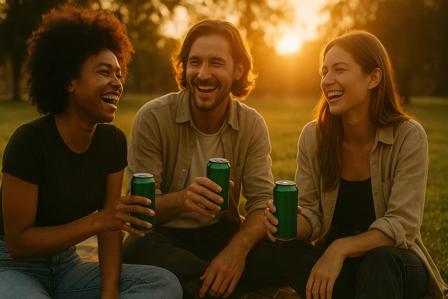 Trois amis au coucher du soleil, canette Kovela à la main
